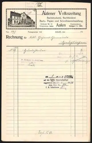 Rechnung Aalen 1919, Aalener Volkszeitung, Buchdruckerei, Buchbinderei, Papierwarenhandlung, Das Geschäftsgebäude