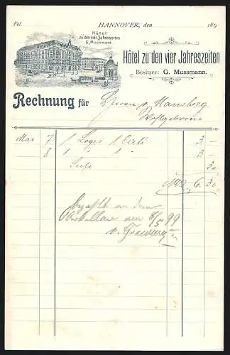 Rechnung Hannover 1899, G. Mussmann, Hotel zu den vier Jahreszeiten, Platz vor dem Hotel mit Pferdebahn