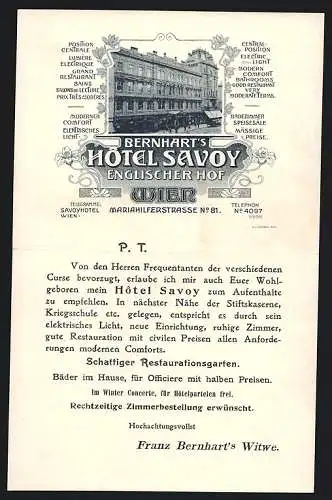 Werbebillet Wien, Franz Bernhart`s Wwe., Hotel Savoy, Das Hotel in der Mariahilferstrasse 81