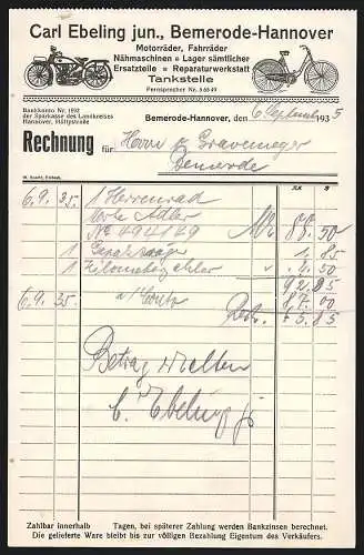 Rechnung Bemerode-Hannover 1935, Carl Ebeling Jun., Motor- & Fahrräder- und Nähmaschinen-Lager, Produktansicht