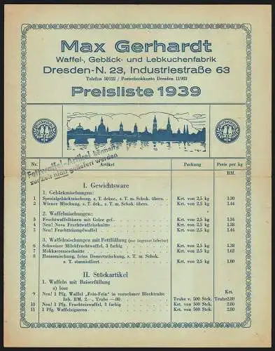 Preisliste Dresden, Max Gerhardt, Waffel-, Gebäck- und Lebkuchenfabrik, Silhouette der Stadt am Wasser