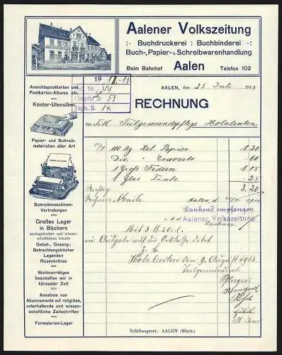 Rechnung Aalen 1913, Aalener Volkszeitung, Buchdruckerei, Buchbinderei, Papierwarenhandlung, Das Geschäftsgebäude