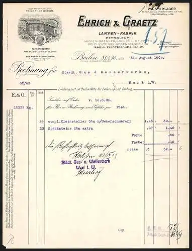 Rechnung Berlin 1908, Ehrich & Graetz, Lampen-Fabrik, Fabrikansicht mit Betriebshof, Schutzmarke