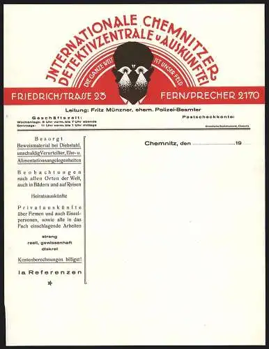 Rechnung Chemnitz, Internationale Chemnitzer Detekivzentrale und Auskunftei, Firmenlogo