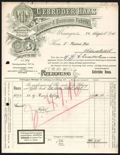 Rechnung Meiningen 1916, Gebrüder Haas, Liqueur- & Essenzen-Fabrik, Ehren-Diplom und Messe-Medaille