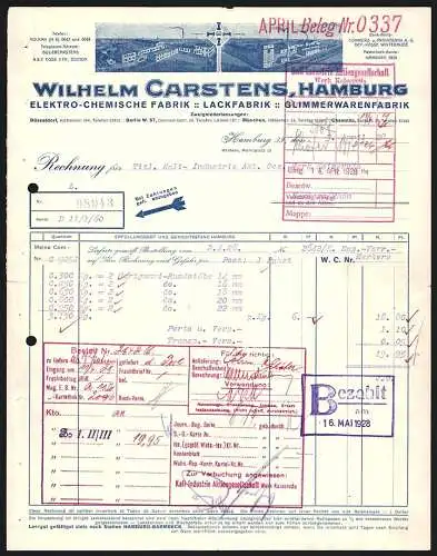 Rechnung Hamburg 1928, Wilhelm Carstens, Elektro-Chemische Fabrik, Ansicht zweier Werke