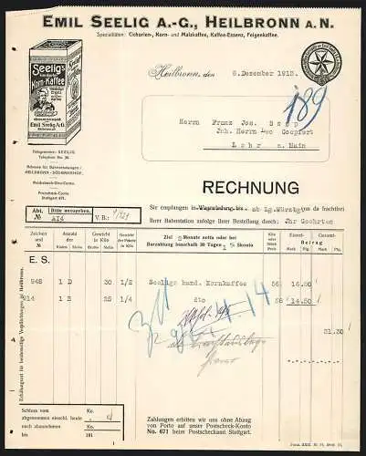 Rechnung Heilbronn 1913, Emil Seelig AG, Kaffee-Surrogate-Fabrik, Produktansicht und Schutzmarke