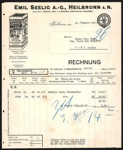 Rechnung Heilbronn 1913, Emil Seelig AG, Kaffee-Surrogate-Fabrik, Produktansicht von Korn-Kaffee und Schutzmarke