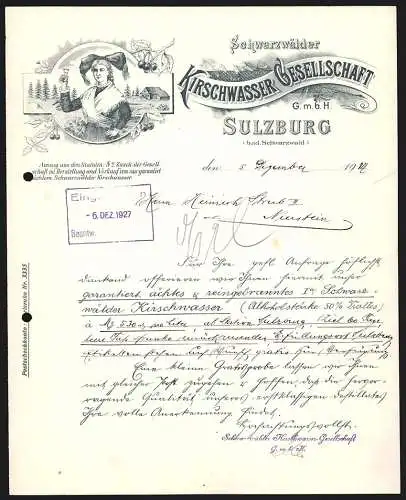 Rechnung Sulzburg 1917, Schwarzwälder Kirschwasser Gesellschaft mbH, Frau in Tracht mit einem kurzen Glas