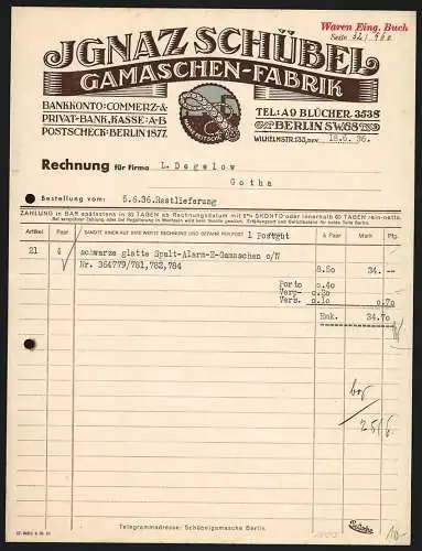 Rechnung Berlin 1936, Ignaz Schübel, Gamaschen-Fabrik, Wilhelmstr. 133, Fabrikmarke Peitsche