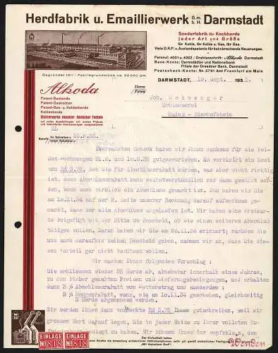 Rechnung Darmstadt 1935, Alkoda GmbH, Herdfabrik & Emaillierwerk, Ansicht des Fabrikgeländes
