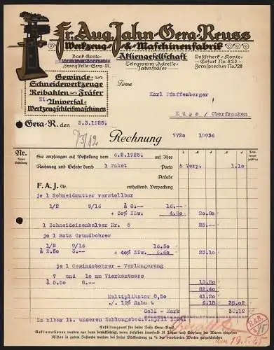 Rechnung Gera-Reuss 1925, Fr. Aug. Jahn, Werkzeug- & Maschinenfabrik, Produktansicht