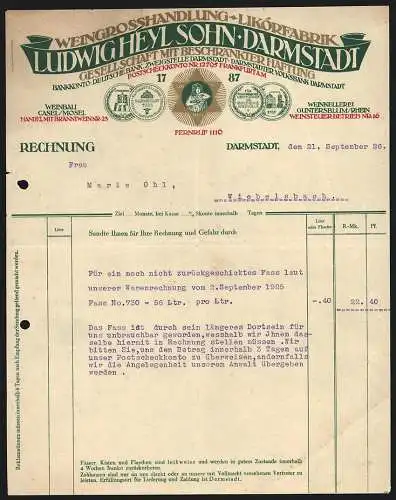 Rechnung Darmstadt 1926, Ludwig Heyl Sohn GmbH, Weingrosshandlung & Likörfabrik, Fabrikmarke und Messe-Medaillen