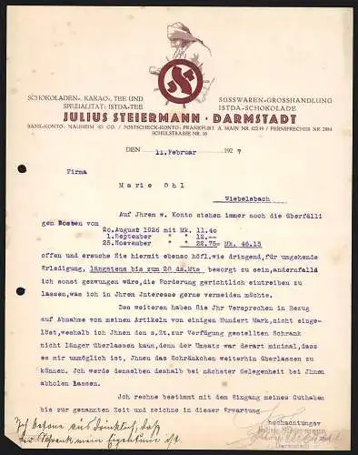 Rechnung Darmstadt 1927, Julius Steiermann, Schokoladen-, Kakao-, Tee- & Süsswaren-Fabrik, Firmenlogo mit Steuermann