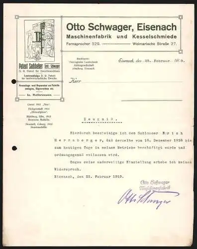 Rechnung Eisenach 1919, Otto Schwager, Maschinenfabrik und Kesselschmiede, Arbeiter am Sackheber