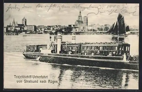 AK Stralsund, Fährschiff auf dem Weg nach Rügen, Segelboot