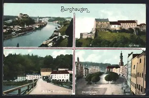 AK Burghausen / Ach, Ortsansicht, Kgl. Burg, Ach und Hauptplatz