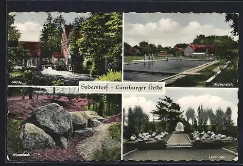 AK Soderstorf /Lüneburger Heide, Mühle, Badeanstalt mit Badegästen, Ehrenmal, Hühnengrab