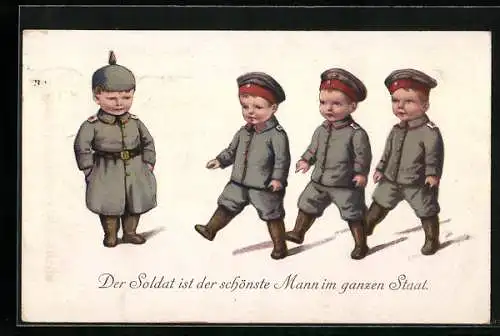 AK Der Soldat ist der schönste Mann im ganzen Staat., Marschierende Kindersoldaten mit Kommandant