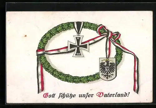 AK Gott schütze unser Vaterland, Eisernes Kreuz mit Kranz und Reichsfahne