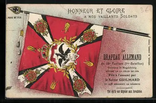 AK Honneur et Gloire a nos Vaillants Soldats, Von den Franzosen eroberte deutsche Fahne, 36. Fusiliers 1. Bataillon