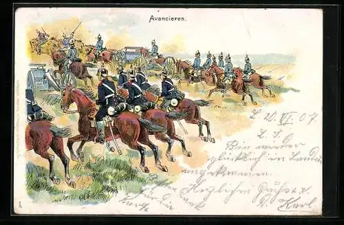 AK Soldaten avancieren zu Pferd mit Artillerie