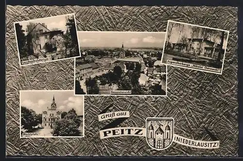 AK Peitz /Niederlausitz, Landambulatorium, Marktplatz, Jugendherberge Nikolai Ostrowski