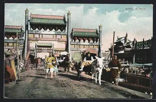 AK Peking, Strassenpartie mit Eselgespann
