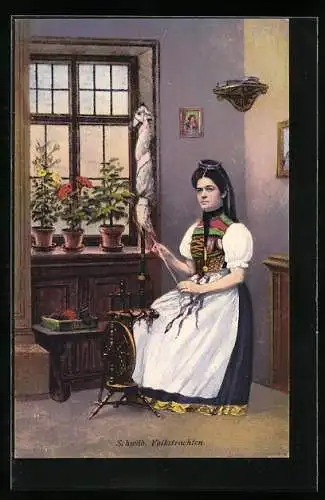 AK Frau am Spinnrad in schwäbischer Volkstracht