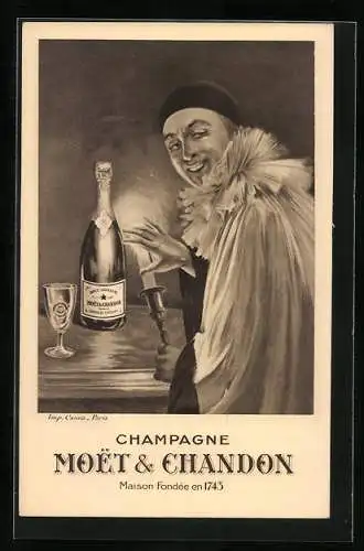 Künstler-AK Champagne Moet & Chandon, Maison Fondée en 1743, kostümierter Mann mit Champagnerflasche und Kerze