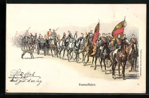 Lithographie Festauffahrt, Festlicher Aufzug mit Fahnen und Kutsche, studentische Szene
