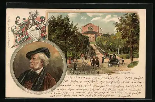 Lithographie Bayreuth, Auffahrt zum Bühnenfestspielhaus, Wagner