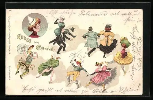 Lithographie Carneval, Menschen in Kostümen