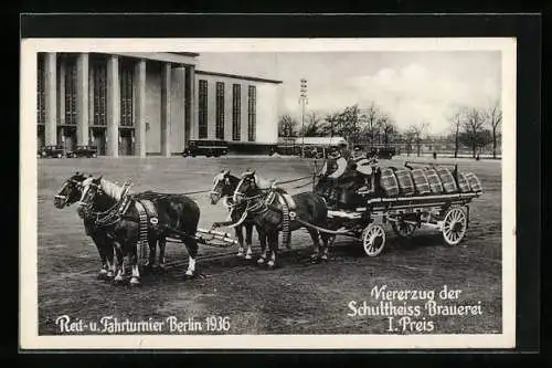 AK Berlin-Charlottenburg, Reit- u. Fahrturnier 1936, Viererzug der Schultheiss Brauerei