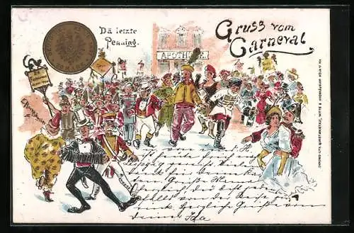 Künstler-AK Carneval, Dä letzte Penning, Menschen in Kostümen