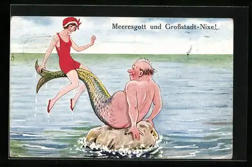 Künstler-AK Meeresgott und Grossstadt-Nixe