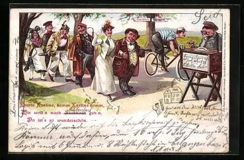 Lithographie Seckbach, Leierkastenmann an der Strasse zwischen Frankfurt und Seckbach