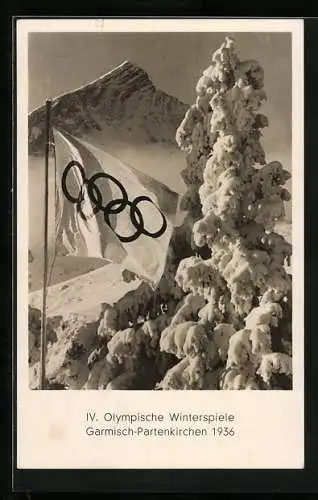 AK Garmisch-Partenklirchen, IV. Olympische Winterspiele 1936, Fahne und verschneite Tanne