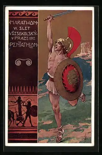 Künstler-AK Prag, Sokol 1912, Marathon & Pentathlon