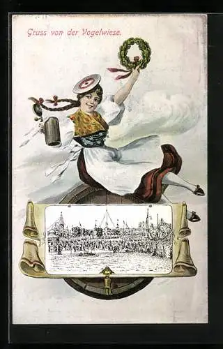 Lithographie Dresden, Gruss von der Vogelwiese, Frau mit Kranz und Bier