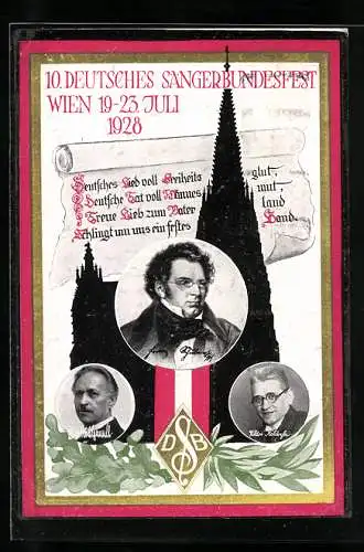 Künstler-AK Wien, 10. Deutsches Sängerbundesfest 1928, Portraits von Franz Schubert und Viktor Keldorfer