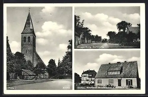 AK Gollau, Kaufhaus Winkelmann und Bahnhof, Dorfstrasse in Müggenburg, Kirche