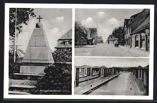 AK Höver i. Hann., Hindenburg-Schleuse, Dorfstrasse und Kriegerdenkmal