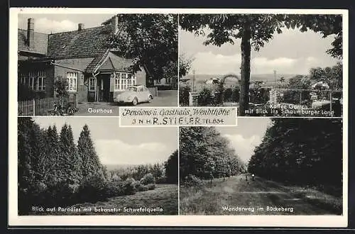 AK Bückeberg, Pension und Gasthaus Wendthöhe, Inh. R. Stieler, Café mit Blick ins Schaumburger Land, Wanderweg