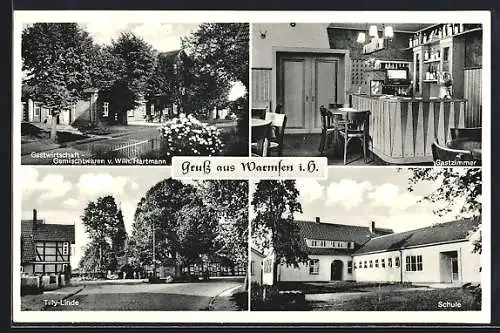 AK Warmsen / Nienburg, Gaststätte Wilhelm Hartmann, Tilly-Linde und Schule