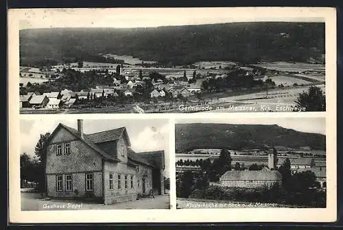 AK Germerode am Meissner, Gasthaus Sippel, Klosterkirche mit Blick n. d. Meissner