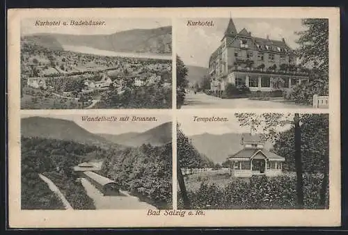 AK Bad Salzig a. Rh., Kurhotel und Badehäuser, Wandelhalle mit Brunnen, Tempelchen