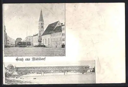 AK Mühldorf, Partie an der Kirche, Blick auf die Brücke