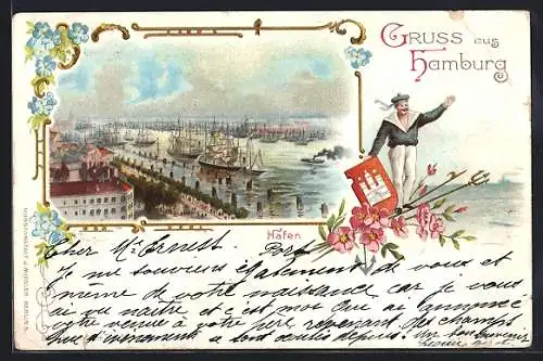 Lithographie Hamburg, Hafen, Stadtwappen und Matrose