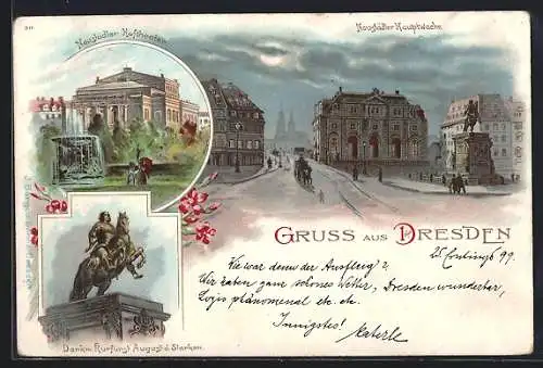 Lithographie Dresden, Neustädter Hauptwache, Neustädter Hoftheater, Denkmal Kurfürst August d. Starken